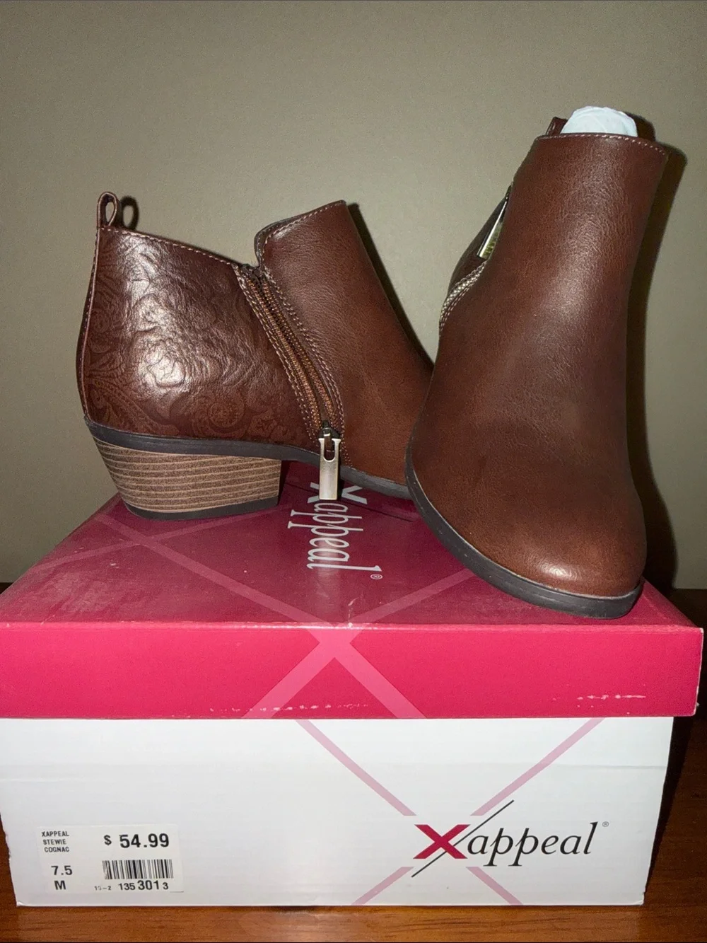 Xappeal Brown Faux-Leather Ankle Booties with Embossed Heel